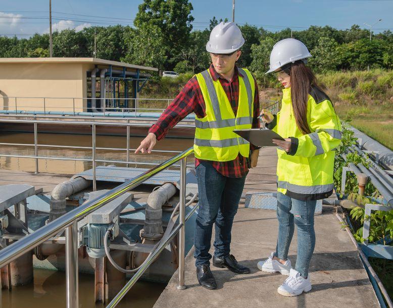 Two engineers work together at a wastewater treatment facility