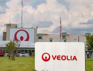 The entrance to Veolia's Gum Springs facility is seen with a rainbow over it