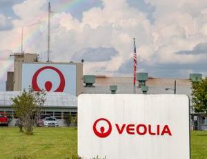 The entrance to Veolia's Gum Springs facility is seen with a rainbow over it