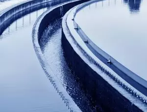 A wastewater clarifier is seen up close