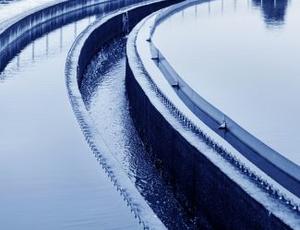 A wastewater clarifier is seen up close