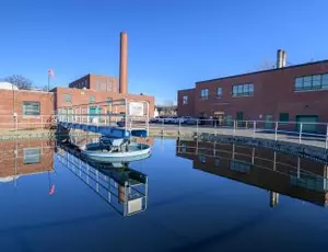 A wastewater clarifier is seen up close at the Holyoke Wastewater Treatment Plant in Holyoke, MA