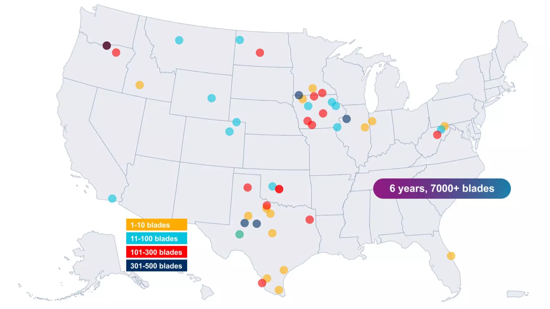 A map of Veolia's wind blade projects from 2020 - 2025 in the United States