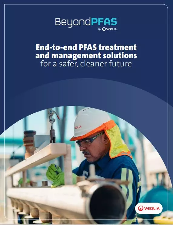The cover of Veolia's brochure reads: "BeyondPFAS: End-to-end PFAS treatment and management solutions for a safer, cleaner future: