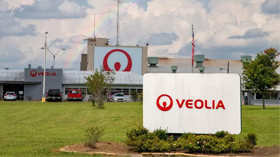 The entrance to Veolia's Gum Springs facility is seen with a rainbow over it