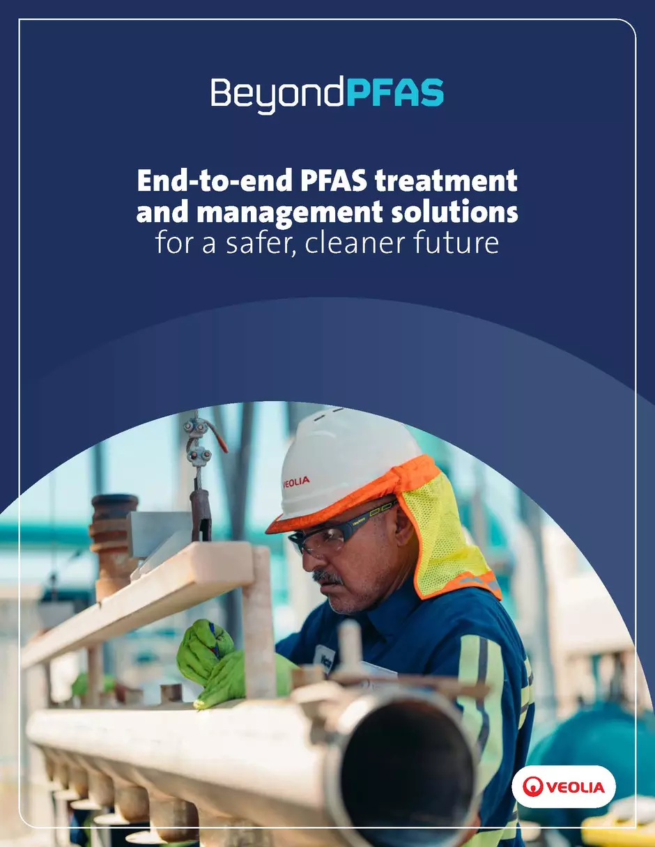 The cover of Veolia's brochure reads: "BeyondPFAS: End-to-end PFAS treatment and management solutions for a safer, cleaner future: