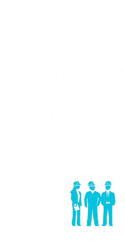 Pictogram icons show three workers and a wind turbine tower