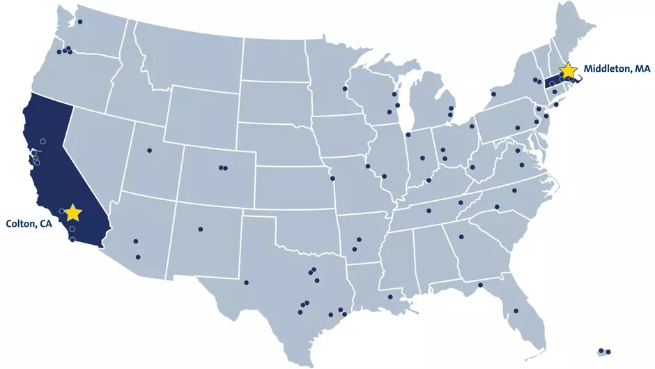 A map of the United States showing Veolia's facility network related to medical waste solutions