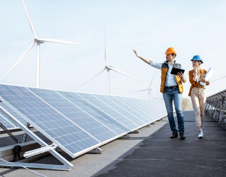 Engineers walk through solar and wind power farm