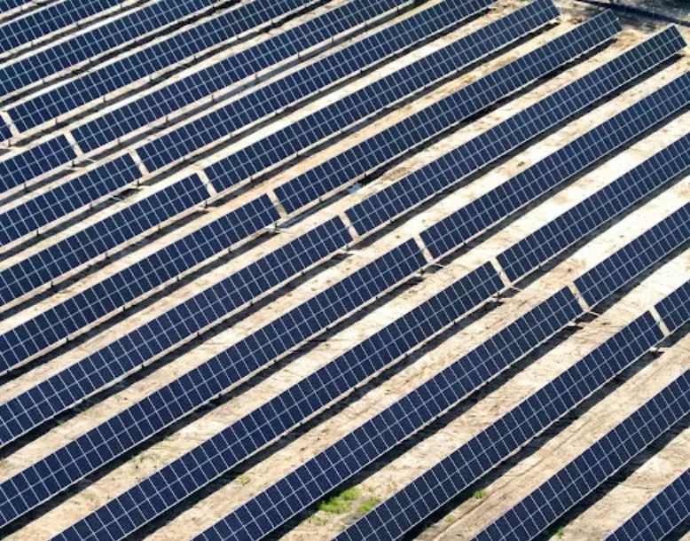 A solar panel installation is seen from above