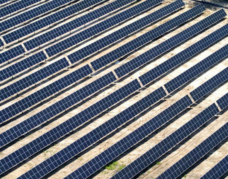 A solar panel installation is seen from above