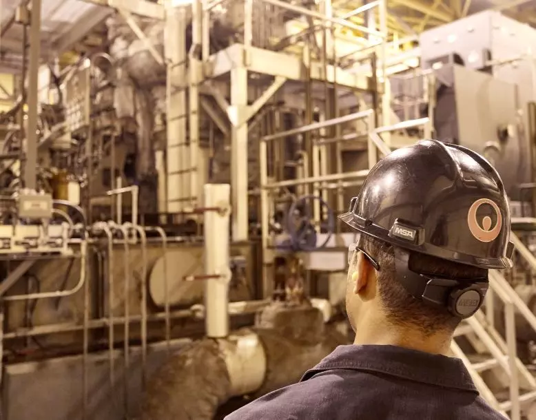 A Veolia employee stands with his back to the camera looking at a central utility plant