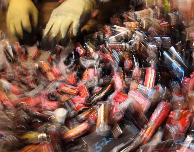 A bin of disposed batteries